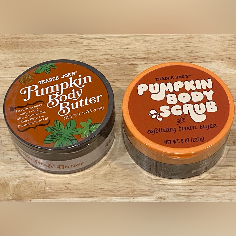 Trader Joe’s set of 2 jars of pumpkin body butter and pumpkin body scrub 8oz NEW